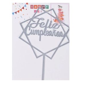 TOPPER FELIZ CUMPLEAÑOS CON PUNTAS PLATEADO X UNI