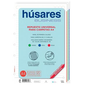 REPUESTO ESCOLAR HUSARES A4 RAYADO 3 COLORES X 120HJS
