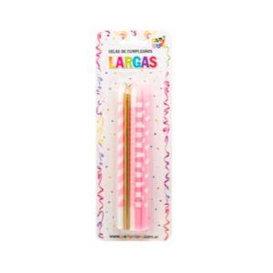 VELAS LARGAS IMPRESAS ROSA LUNARES, RAY Y DORADAS BL X 10